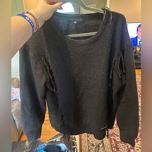 2X Adrienne Vittadini black crew fringe button sleeve sweater